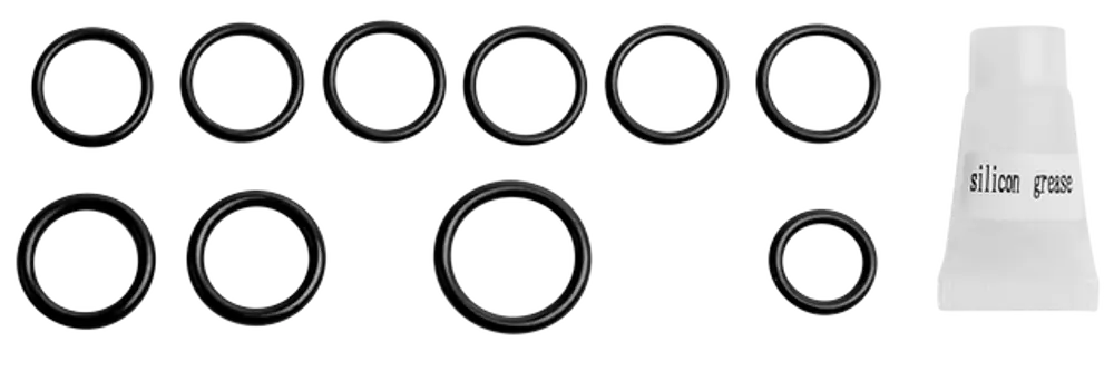 Set von schwarzen O-Ringen mit einer Tube Silikonfett, präsentiert von der Marke Wolf. Verschiedene Größen für Dichtungsanwendungen.